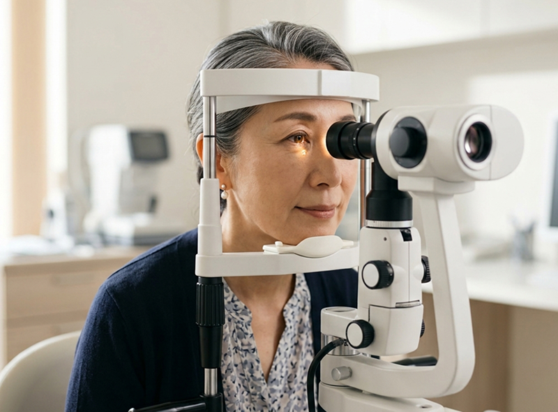 眼瞼下垂の治療前診断：前眼部OCT検査で眼の状態を精密に確認している様子